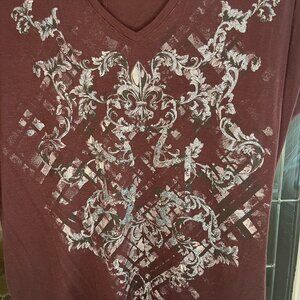 Rock & Republic Brown Super Soft Sexy Stretch Hippie Studs Glitter T-Shirt Sz L